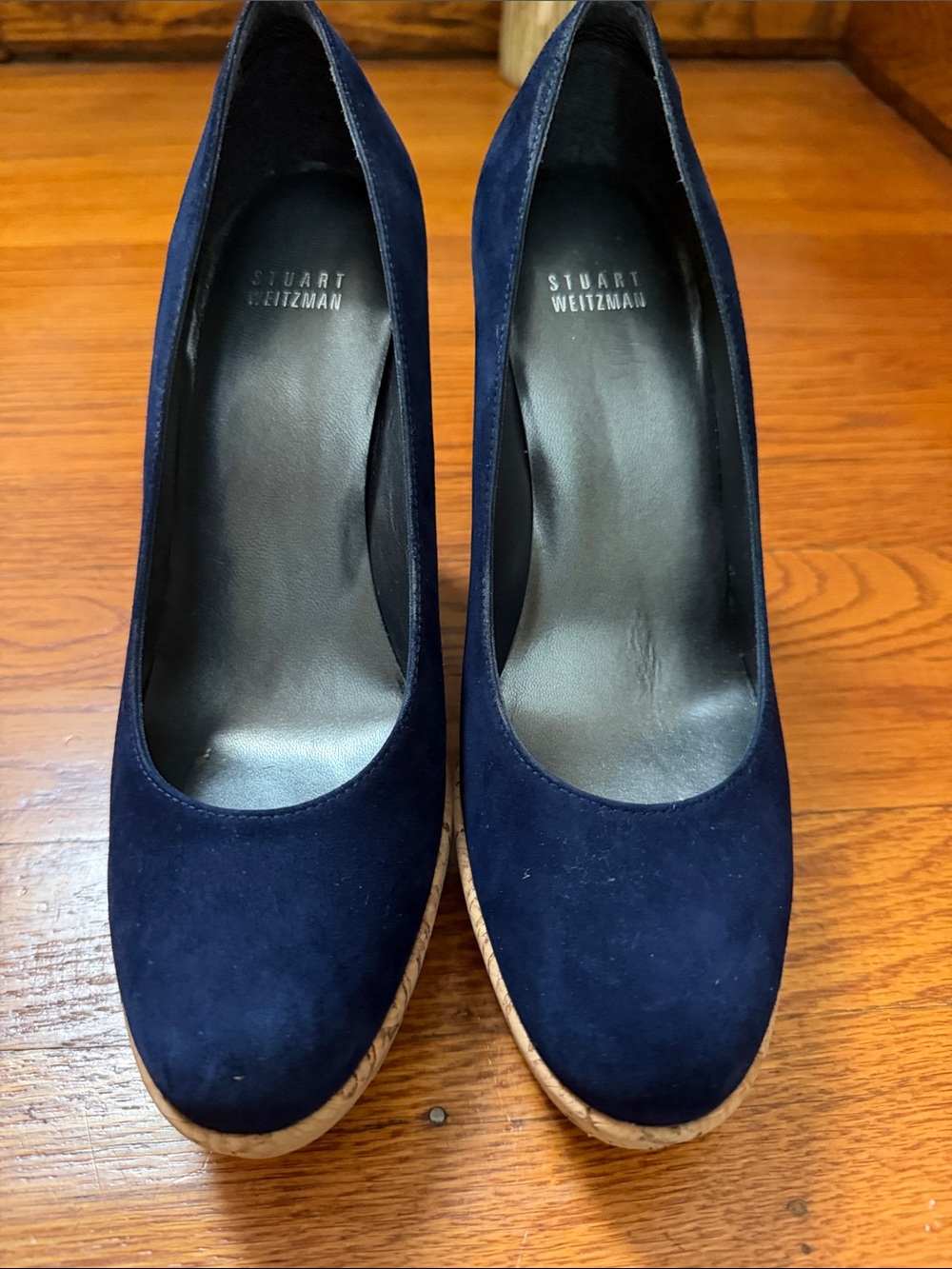 Stuart Weitzman Navy Suede Cork Wedge Heels - Picture 3 of 4
